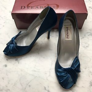 Dyeables Blue Satin-Like Bow Open Toe Heels Pumps